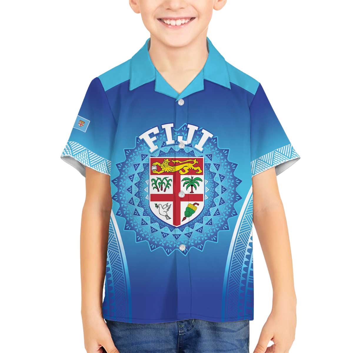 Custom Fiji Football Family Matching Off The Shoulder Long Sleeve Dress and Hawaiian Shirt Fijian Tapa Pattern LT05 Son's Shirt Blue - Polynesian Pride