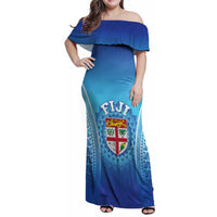 Custom Fiji Football Family Matching Off Shoulder Maxi Dress and Hawaiian Shirt Fijian Tapa Pattern LT05 Mom's Dress Blue - Polynesian Pride