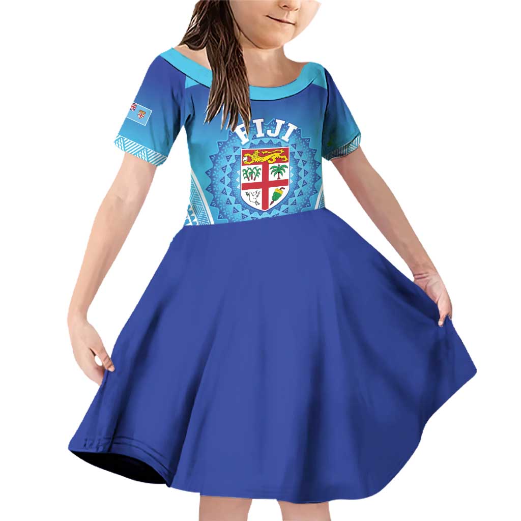 Custom Fiji Football Family Matching Off Shoulder Short Dress and Hawaiian Shirt Fijian Tapa Pattern LT05 Daughter's Dress Blue - Polynesian Pride