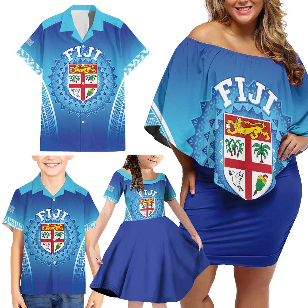 Custom Fiji Football Family Matching Off Shoulder Short Dress and Hawaiian Shirt Fijian Tapa Pattern LT05 - Polynesian Pride