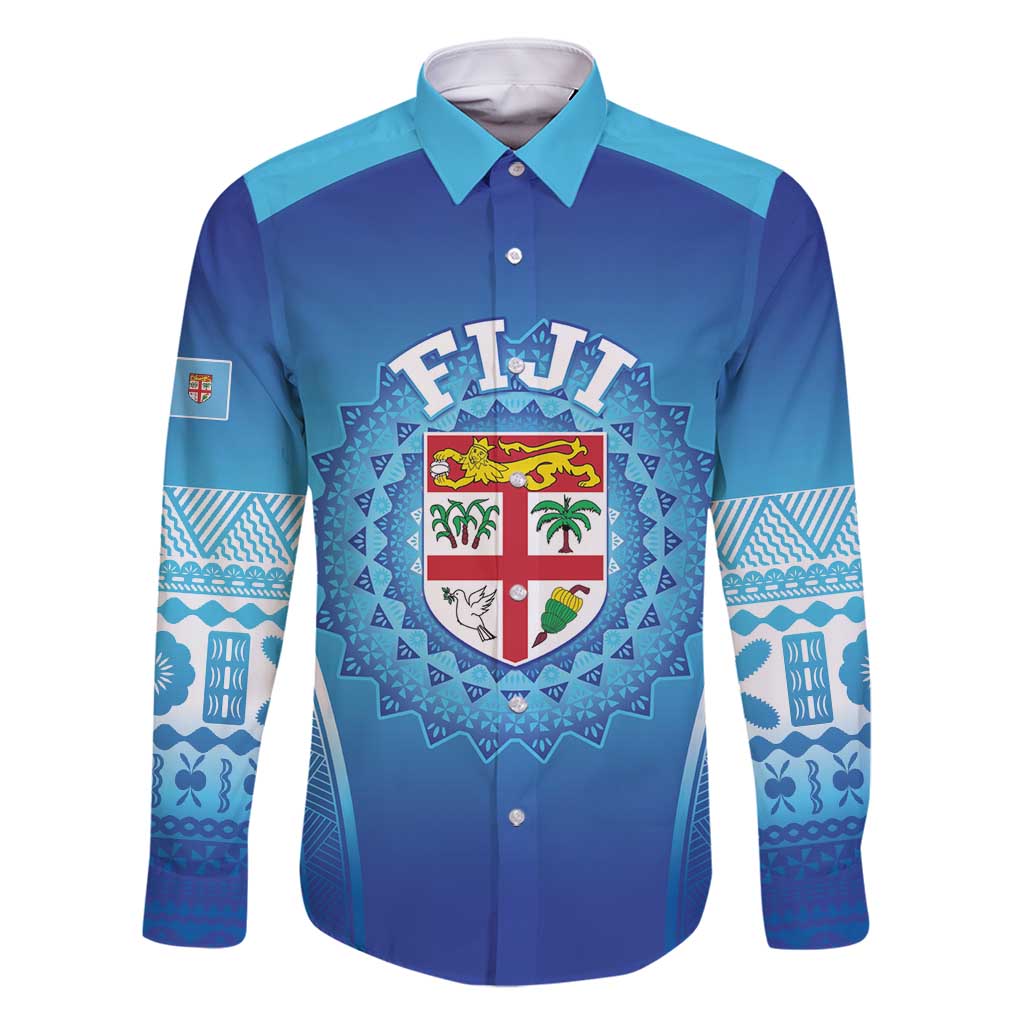 Custom Fiji Football Family Matching Off Shoulder Short Dress and Hawaiian Shirt Fijian Tapa Pattern LT05 Dad's Shirt - Long Sleeve Blue - Polynesian Pride