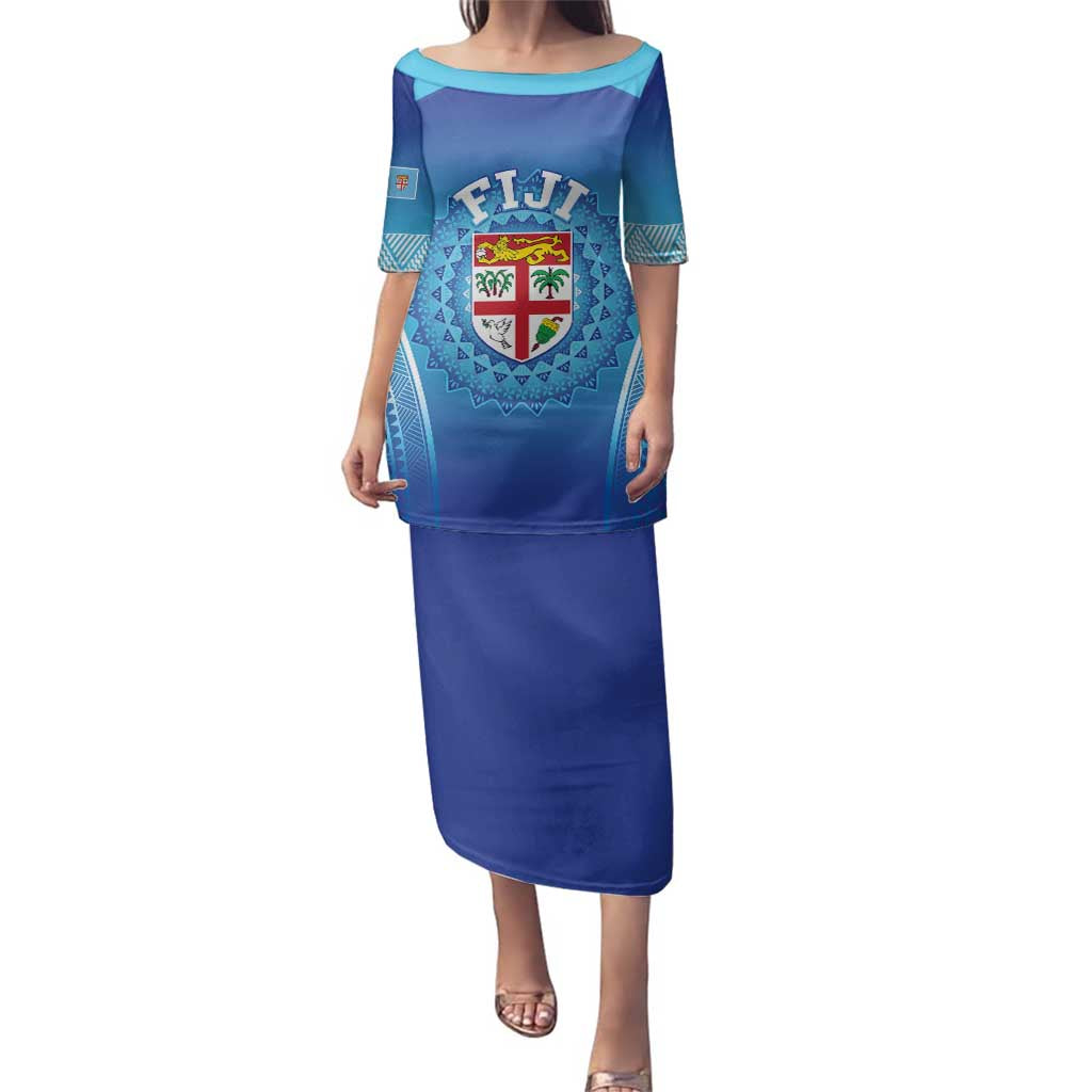 Custom Fiji Football Family Matching Puletasi and Hawaiian Shirt Fijian Tapa Pattern LT05 Mom's Dress Blue - Polynesian Pride