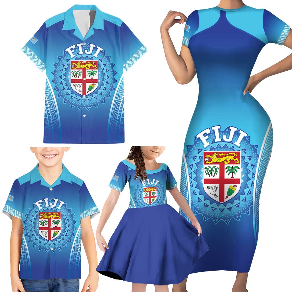 Custom Fiji Football Family Matching Short Sleeve Bodycon Dress and Hawaiian Shirt Fijian Tapa Pattern LT05 - Polynesian Pride