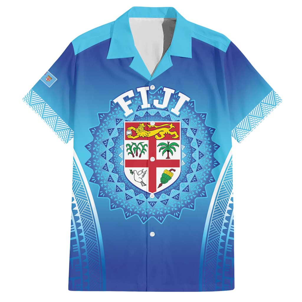 Custom Fiji Football Family Matching Short Sleeve Bodycon Dress and Hawaiian Shirt Fijian Tapa Pattern LT05 Dad's Shirt - Short Sleeve Blue - Polynesian Pride