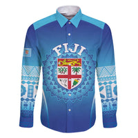 Custom Fiji Football Family Matching Short Sleeve Bodycon Dress and Hawaiian Shirt Fijian Tapa Pattern LT05 Dad's Shirt - Long Sleeve Blue - Polynesian Pride