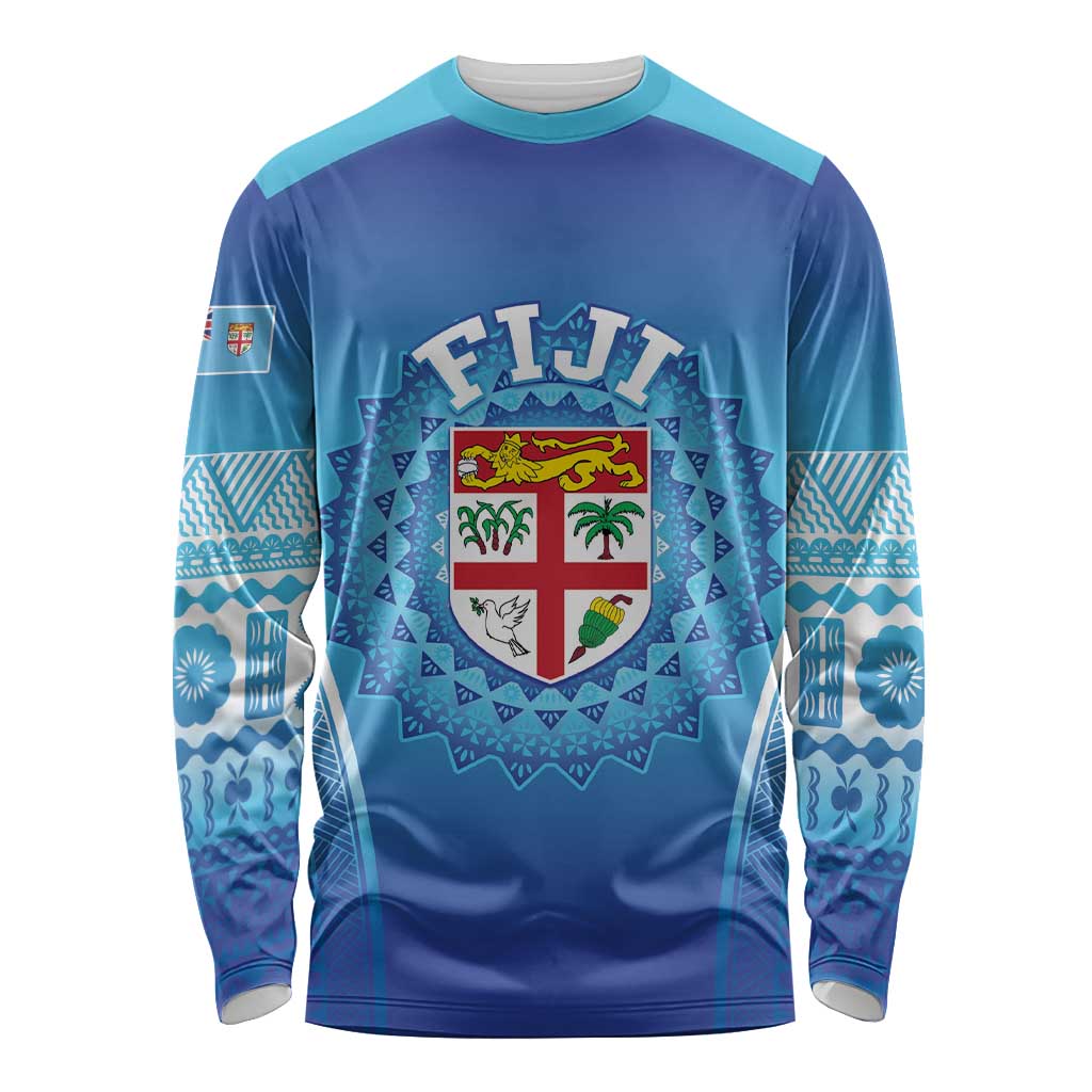 Custom Fiji Football Long Sleeve Shirt Fijian Tapa Pattern LT05 Unisex Blue - Polynesian Pride