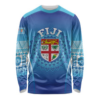 Custom Fiji Football Long Sleeve Shirt Fijian Tapa Pattern LT05 Unisex Blue - Polynesian Pride