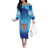Custom Fiji Football Off The Shoulder Long Sleeve Dress Fijian Tapa Pattern LT05 Women Blue - Polynesian Pride
