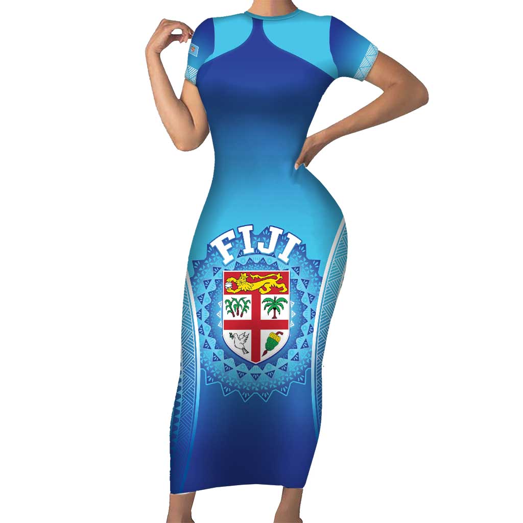 Custom Fiji Football Short Sleeve Bodycon Dress Fijian Tapa Pattern LT05 Long Dress Blue - Polynesian Pride