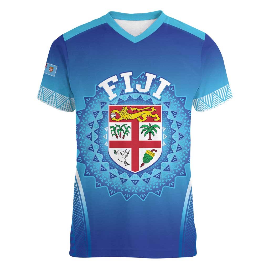 Custom Fiji Football Women V-Neck T-Shirt Fijian Tapa Pattern LT05 Female Blue - Polynesian Pride