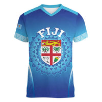 Custom Fiji Football Women V-Neck T-Shirt Fijian Tapa Pattern LT05 Female Blue - Polynesian Pride