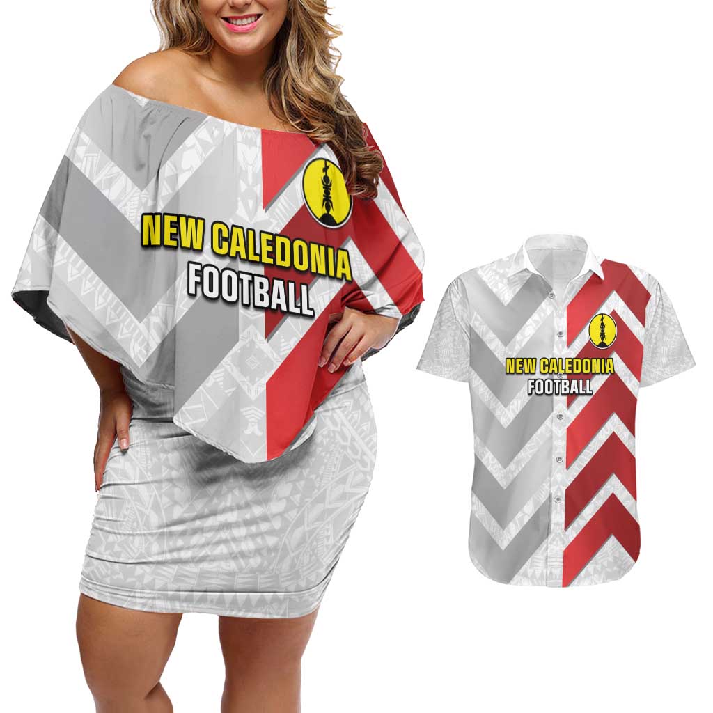 Custom New Caledonia Football Couples Matching Off Shoulder Short Dress and Hawaiian Shirt Unique Style LT05 Red - Polynesian Pride