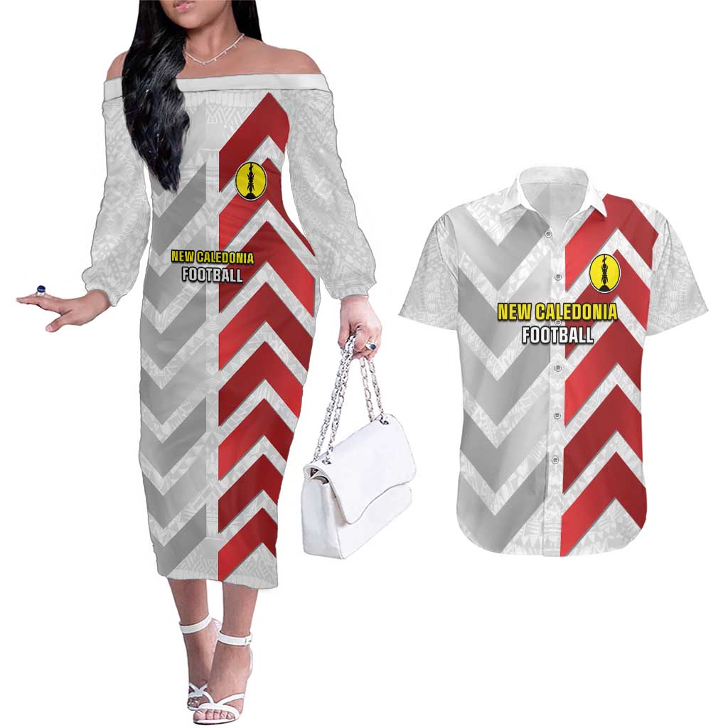 Custom New Caledonia Football Couples Matching Off The Shoulder Long Sleeve Dress and Hawaiian Shirt Unique Style LT05 Red - Polynesian Pride