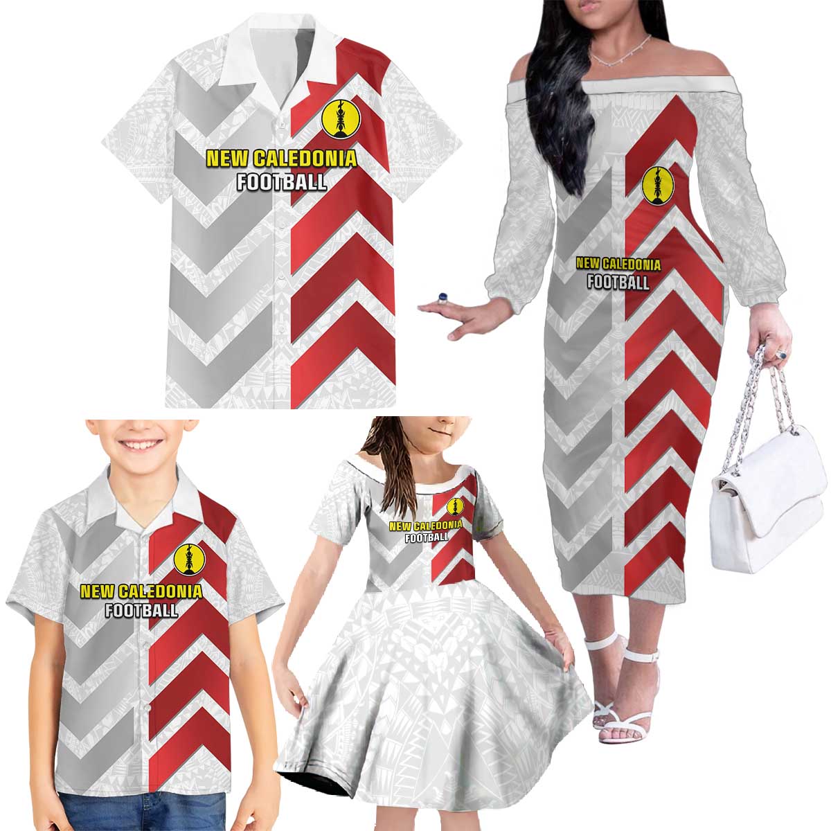 Custom New Caledonia Football Family Matching Off The Shoulder Long Sleeve Dress and Hawaiian Shirt Unique Style LT05 - Polynesian Pride