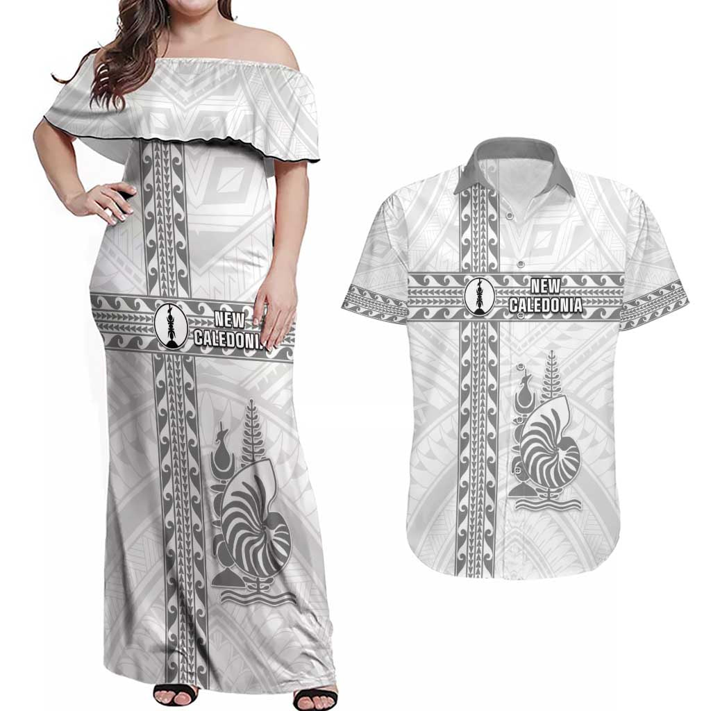 Custom New Caledonia Football Couples Matching Off Shoulder Maxi Dress and Hawaiian Shirt Go The Kagus LT05 White - Polynesian Pride