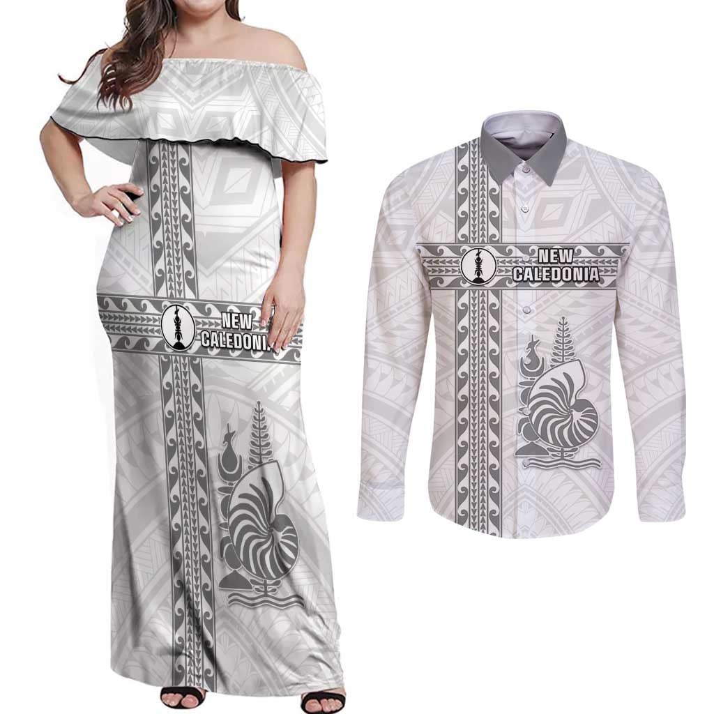 Custom New Caledonia Football Couples Matching Off Shoulder Maxi Dress and Long Sleeve Button Shirt Go The Kagus LT05 White - Polynesian Pride