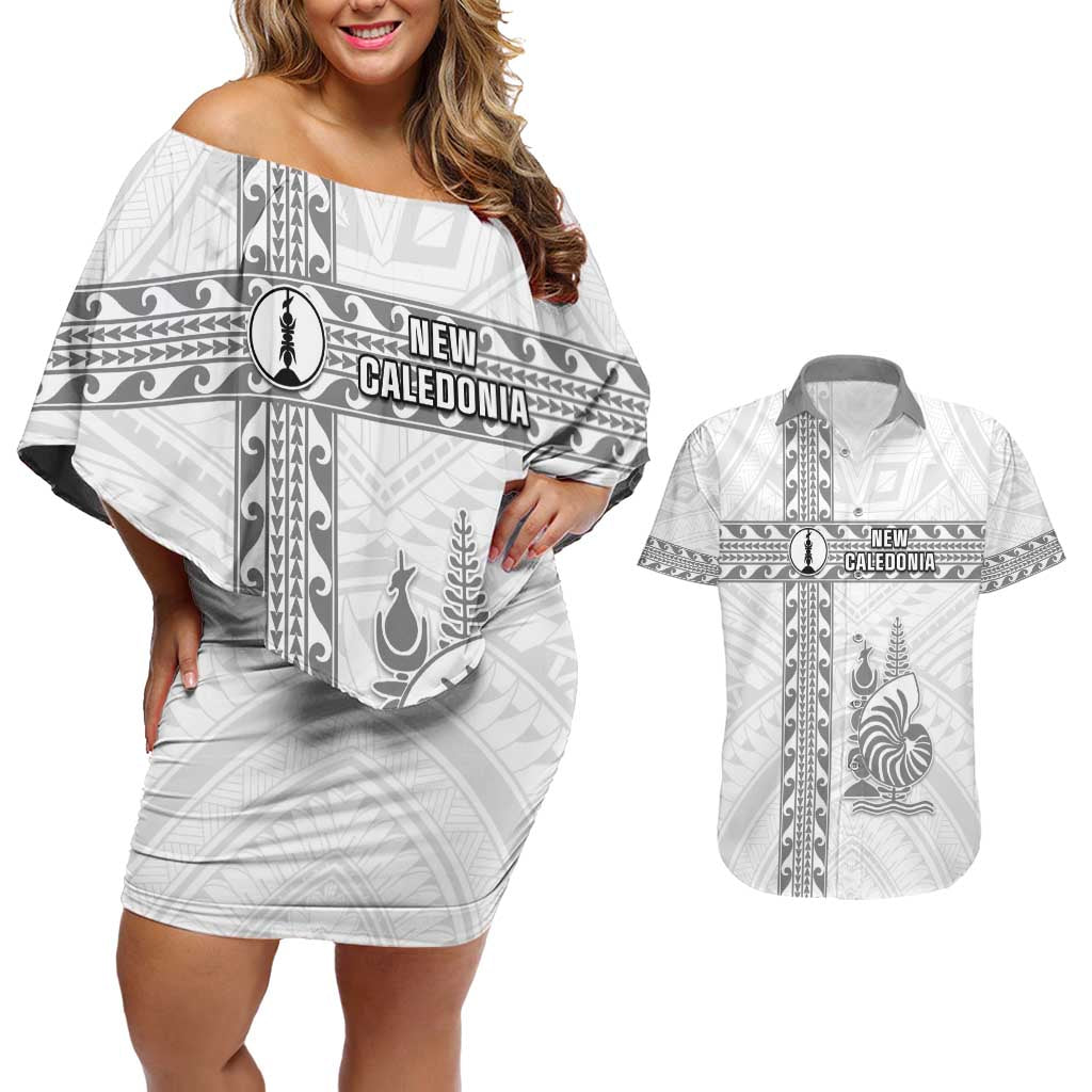 Custom New Caledonia Football Couples Matching Off Shoulder Short Dress and Hawaiian Shirt Go The Kagus LT05 White - Polynesian Pride