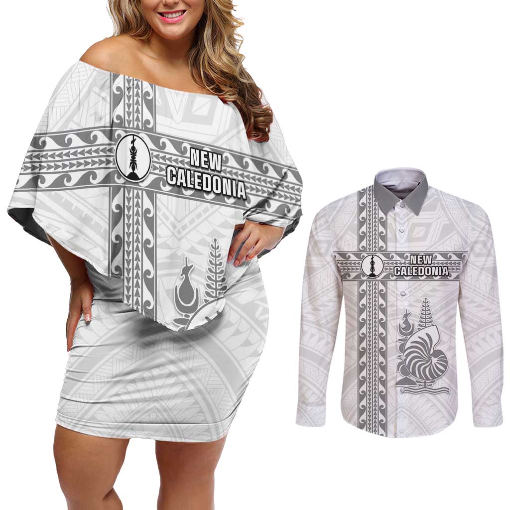 Custom New Caledonia Football Couples Matching Off Shoulder Short Dress and Long Sleeve Button Shirt Go The Kagus LT05 White - Polynesian Pride