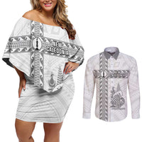 Custom New Caledonia Football Couples Matching Off Shoulder Short Dress and Long Sleeve Button Shirt Go The Kagus LT05 White - Polynesian Pride