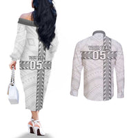 Custom New Caledonia Football Couples Matching Off The Shoulder Long Sleeve Dress and Long Sleeve Button Shirt Go The Kagus LT05 - Polynesian Pride