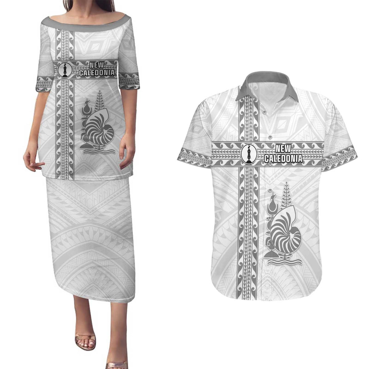 Custom New Caledonia Football Couples Matching Puletasi and Hawaiian Shirt Go The Kagus LT05 White - Polynesian Pride