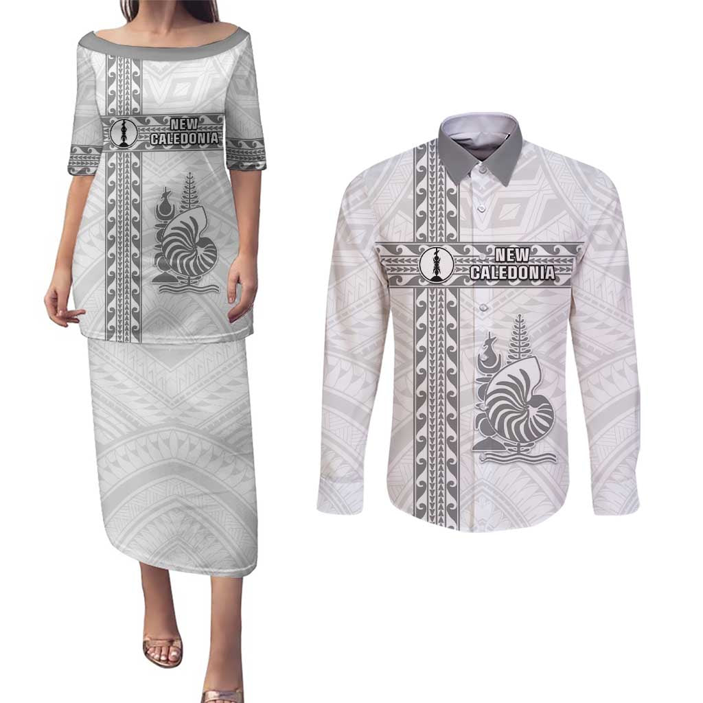 Custom New Caledonia Football Couples Matching Puletasi and Long Sleeve Button Shirt Go The Kagus LT05 White - Polynesian Pride