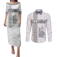 Custom New Caledonia Football Couples Matching Puletasi and Long Sleeve Button Shirt Go The Kagus LT05 White - Polynesian Pride