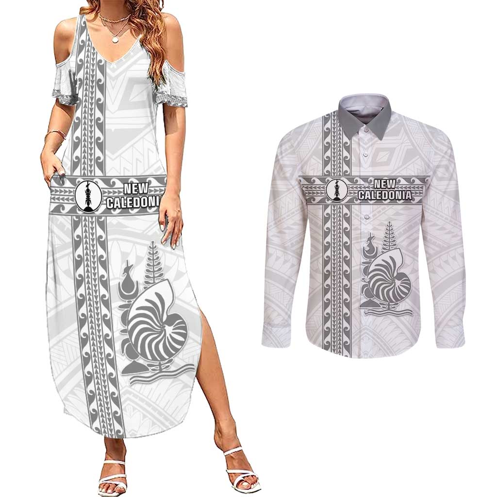 Custom New Caledonia Football Couples Matching Summer Maxi Dress and Long Sleeve Button Shirt Go The Kagus LT05 White - Polynesian Pride