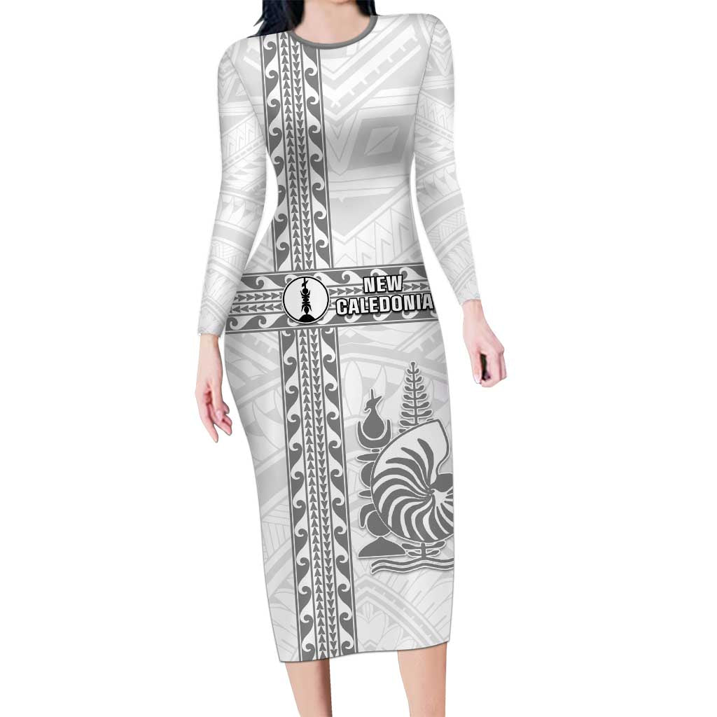 Custom New Caledonia Football Family Matching Long Sleeve Bodycon Dress and Hawaiian Shirt Go The Kagus LT05 Mom's Dress White - Polynesian Pride