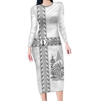 Custom New Caledonia Football Family Matching Long Sleeve Bodycon Dress and Hawaiian Shirt Go The Kagus LT05 Mom's Dress White - Polynesian Pride