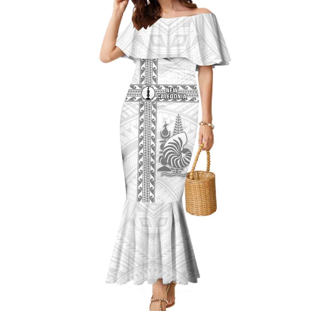 Custom New Caledonia Football Family Matching Mermaid Dress and Hawaiian Shirt Go The Kagus LT05 Mom's Dress White - Polynesian Pride