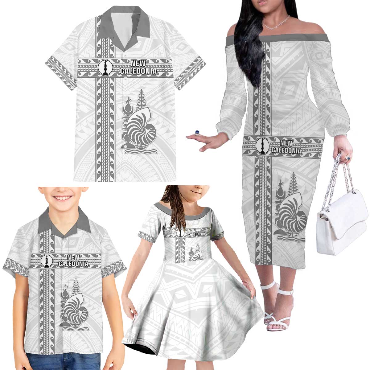 Custom New Caledonia Football Family Matching Off The Shoulder Long Sleeve Dress and Hawaiian Shirt Go The Kagus LT05 - Polynesian Pride