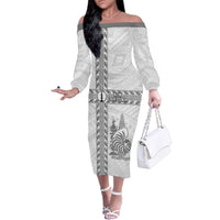 Custom New Caledonia Football Family Matching Off The Shoulder Long Sleeve Dress and Hawaiian Shirt Go The Kagus LT05 Mom's Dress White - Polynesian Pride
