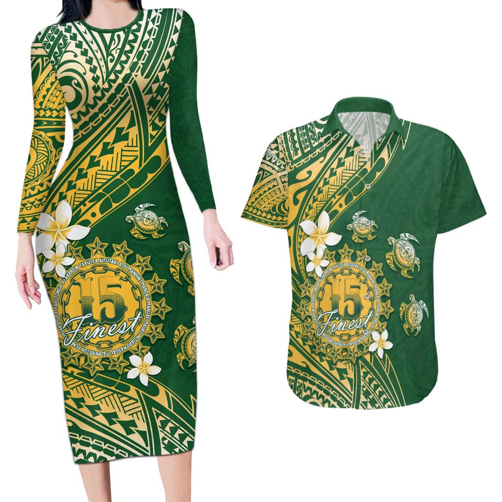Cook Islands 15 Finest Couples Matching Long Sleeve Bodycon Dress and Hawaiian Shirt Plumeria Polynesian Turtle LT05 Green - Polynesian Pride