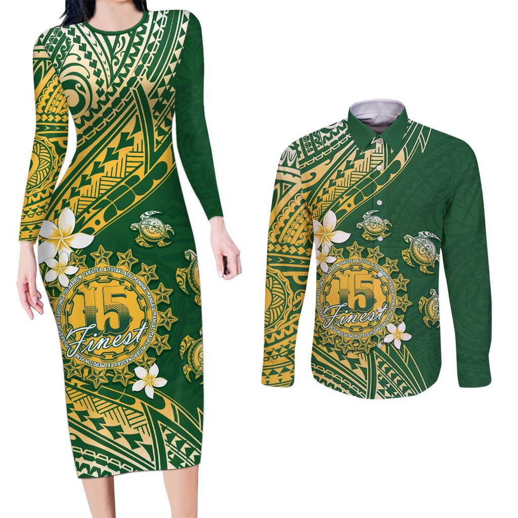 Cook Islands 15 Finest Couples Matching Long Sleeve Bodycon Dress and Long Sleeve Button Shirt Plumeria Polynesian Turtle LT05 Green - Polynesian Pride