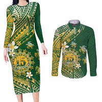 Cook Islands 15 Finest Couples Matching Long Sleeve Bodycon Dress and Long Sleeve Button Shirt Plumeria Polynesian Turtle LT05 Green - Polynesian Pride