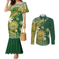 Cook Islands 15 Finest Couples Matching Mermaid Dress and Long Sleeve Button Shirt Plumeria Polynesian Turtle LT05 Green - Polynesian Pride