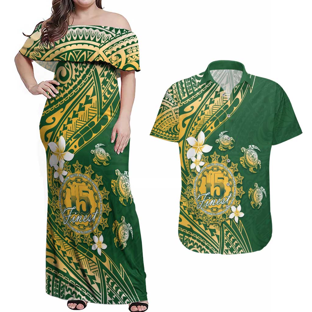 Cook Islands 15 Finest Couples Matching Off Shoulder Maxi Dress and Hawaiian Shirt Plumeria Polynesian Turtle LT05 Green - Polynesian Pride