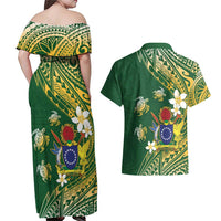 Cook Islands 15 Finest Couples Matching Off Shoulder Maxi Dress and Hawaiian Shirt Plumeria Polynesian Turtle LT05 - Polynesian Pride