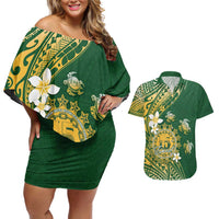 Cook Islands 15 Finest Couples Matching Off Shoulder Short Dress and Hawaiian Shirt Plumeria Polynesian Turtle LT05 Green - Polynesian Pride