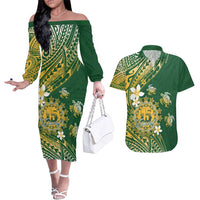 Cook Islands 15 Finest Couples Matching Off The Shoulder Long Sleeve Dress and Hawaiian Shirt Plumeria Polynesian Turtle LT05 Green - Polynesian Pride