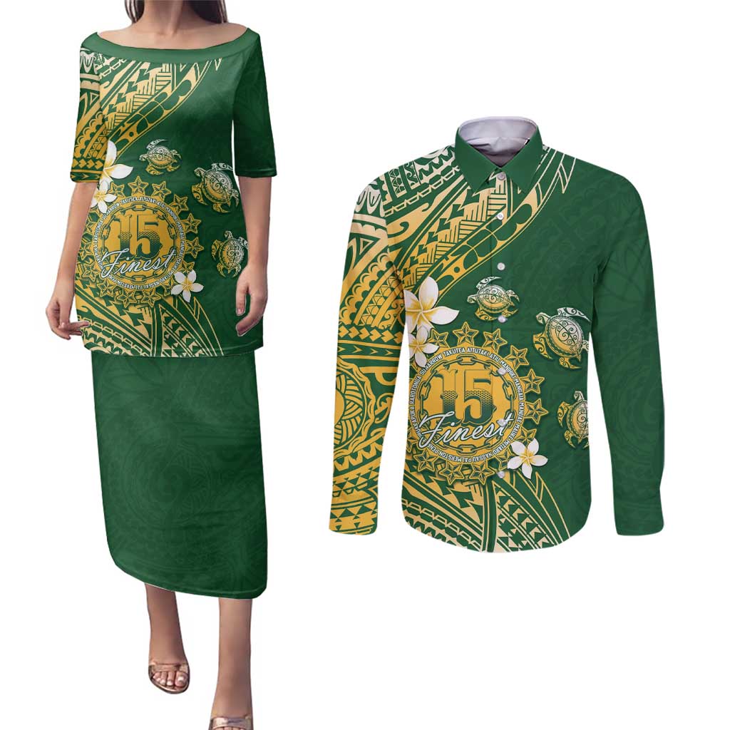 Cook Islands 15 Finest Couples Matching Puletasi and Long Sleeve Button Shirt Plumeria Polynesian Turtle LT05 Green - Polynesian Pride