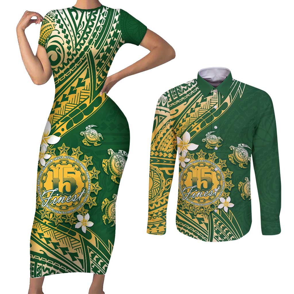 Cook Islands 15 Finest Couples Matching Short Sleeve Bodycon Dress and Long Sleeve Button Shirt Plumeria Polynesian Turtle LT05 Green - Polynesian Pride