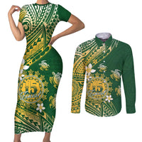 Cook Islands 15 Finest Couples Matching Short Sleeve Bodycon Dress and Long Sleeve Button Shirt Plumeria Polynesian Turtle LT05 Green - Polynesian Pride