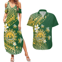 Cook Islands 15 Finest Couples Matching Summer Maxi Dress and Hawaiian Shirt Plumeria Polynesian Turtle LT05 Green - Polynesian Pride