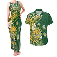 Cook Islands 15 Finest Couples Matching Tank Maxi Dress and Hawaiian Shirt Plumeria Polynesian Turtle LT05 Green - Polynesian Pride