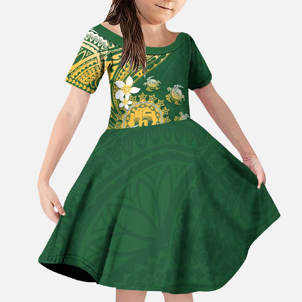 Cook Islands 15 Finest Family Matching Long Sleeve Bodycon Dress and Hawaiian Shirt Plumeria Polynesian Turtle LT05 Daughter's Dress Green - Polynesian Pride
