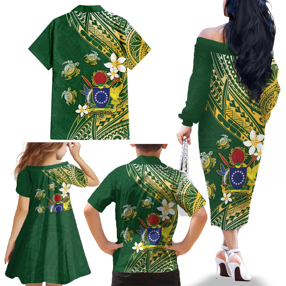 Cook Islands 15 Finest Family Matching Off The Shoulder Long Sleeve Dress and Hawaiian Shirt Plumeria Polynesian Turtle LT05 - Polynesian Pride