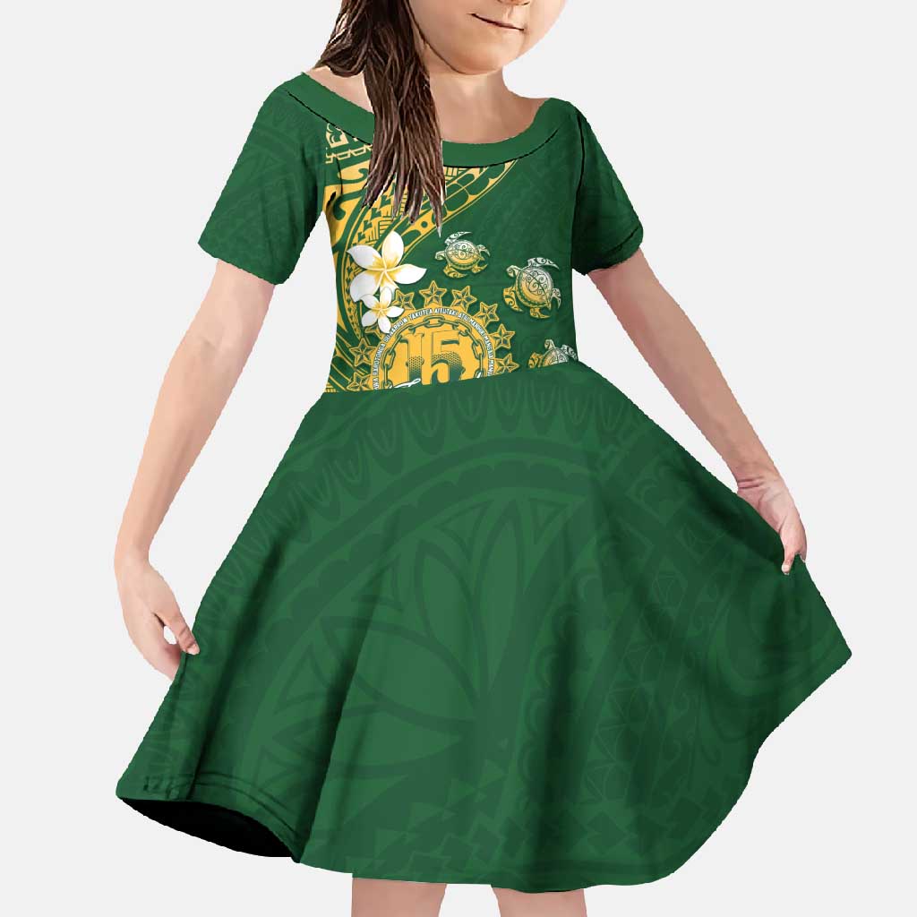 Cook Islands 15 Finest Family Matching Off Shoulder Maxi Dress and Hawaiian Shirt Plumeria Polynesian Turtle LT05 Daughter's Dress Green - Polynesian Pride