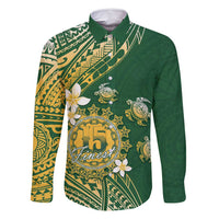 Cook Islands 15 Finest Family Matching Off Shoulder Maxi Dress and Hawaiian Shirt Plumeria Polynesian Turtle LT05 Dad's Shirt - Long Sleeve Green - Polynesian Pride